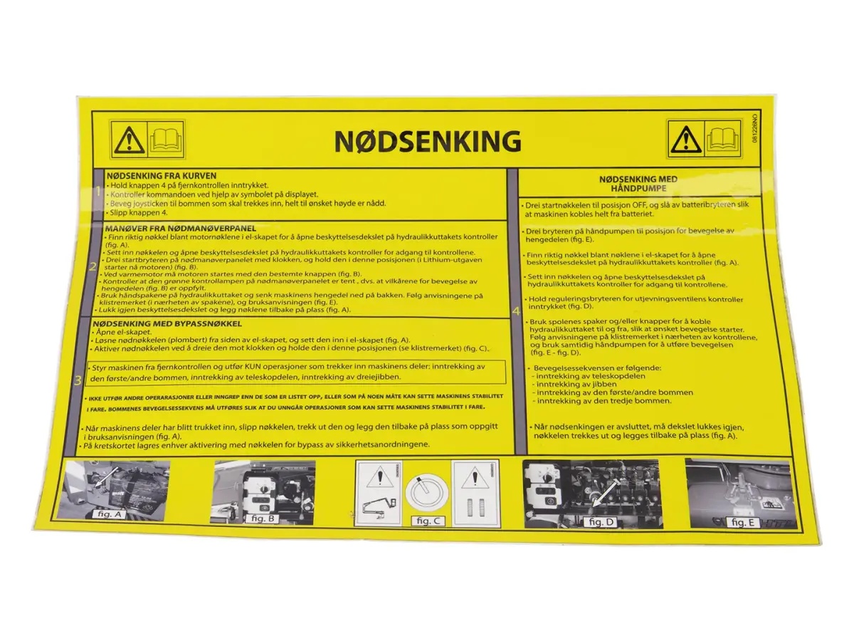 JLG Part # 081226NO | DECAL,MANUAL DECENT NORGE, EA