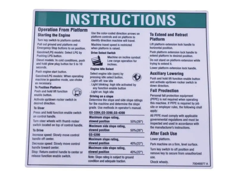 JLG Part # 1000195 | GN-DECAL, INSTRUCTIONS, EA