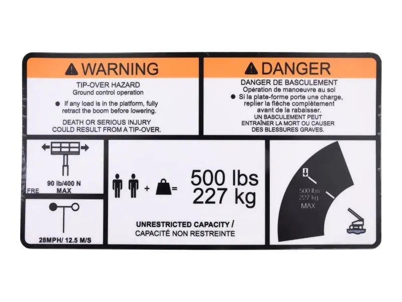 JLG Part # 1001253923 | DECAL,WARN SINGLECAP(ENG,FRE), EA