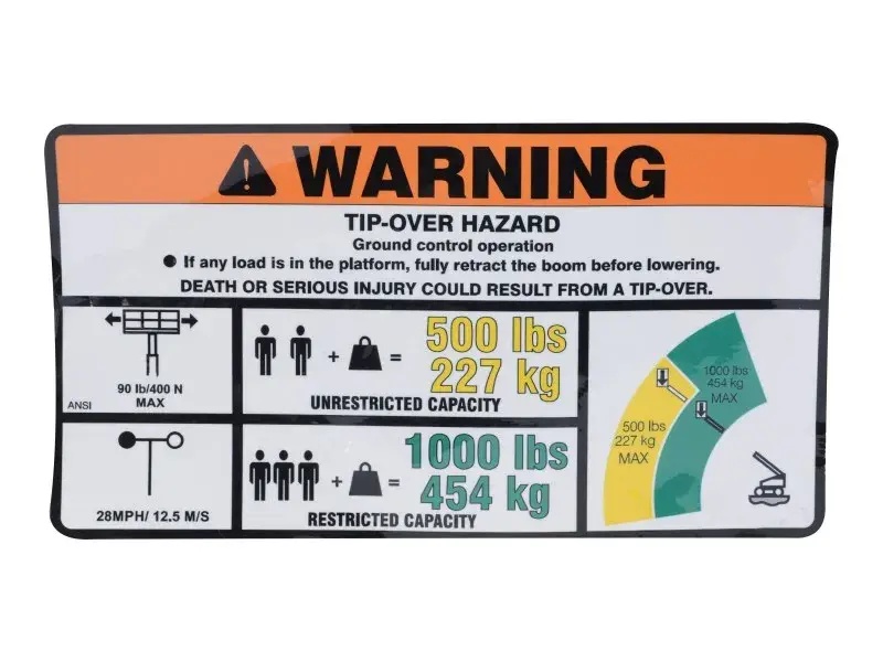 JLG Part # 1001257230 | DECAL,WARNING DUAL CAP.(ANSI), EA