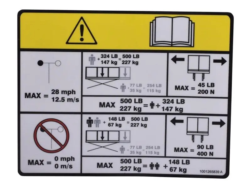 JLG Part # 1001265839 | DECAL,CAPACITY (ES1330L 227KG), EA