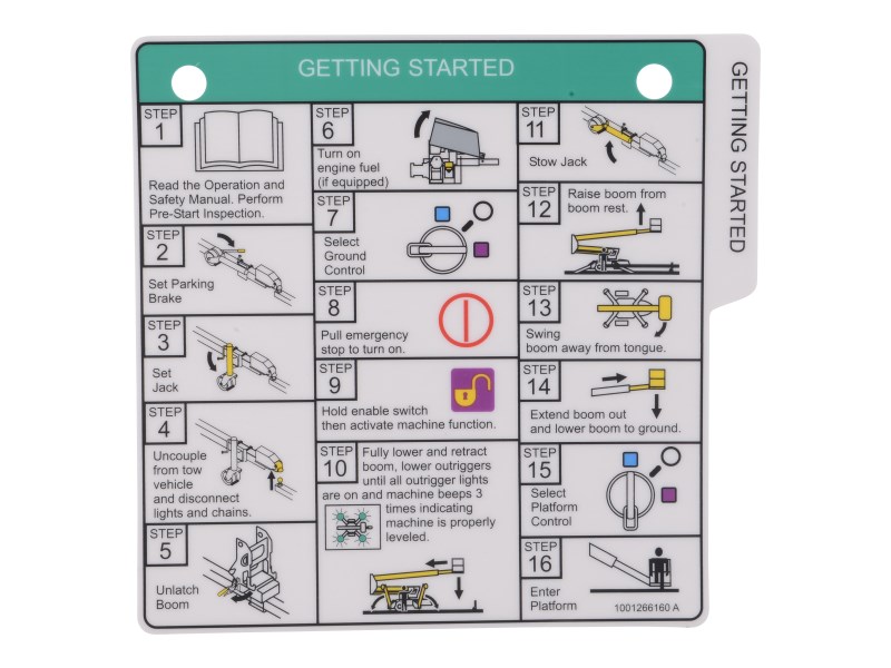 JLG Part # 1001266160 | DECAL,GETTING STARTED REF. TAG, EA