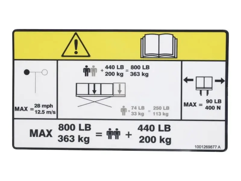 JLG Part # 1001269877 | DECAL,CAPACITY 800LBS/363KG, EA