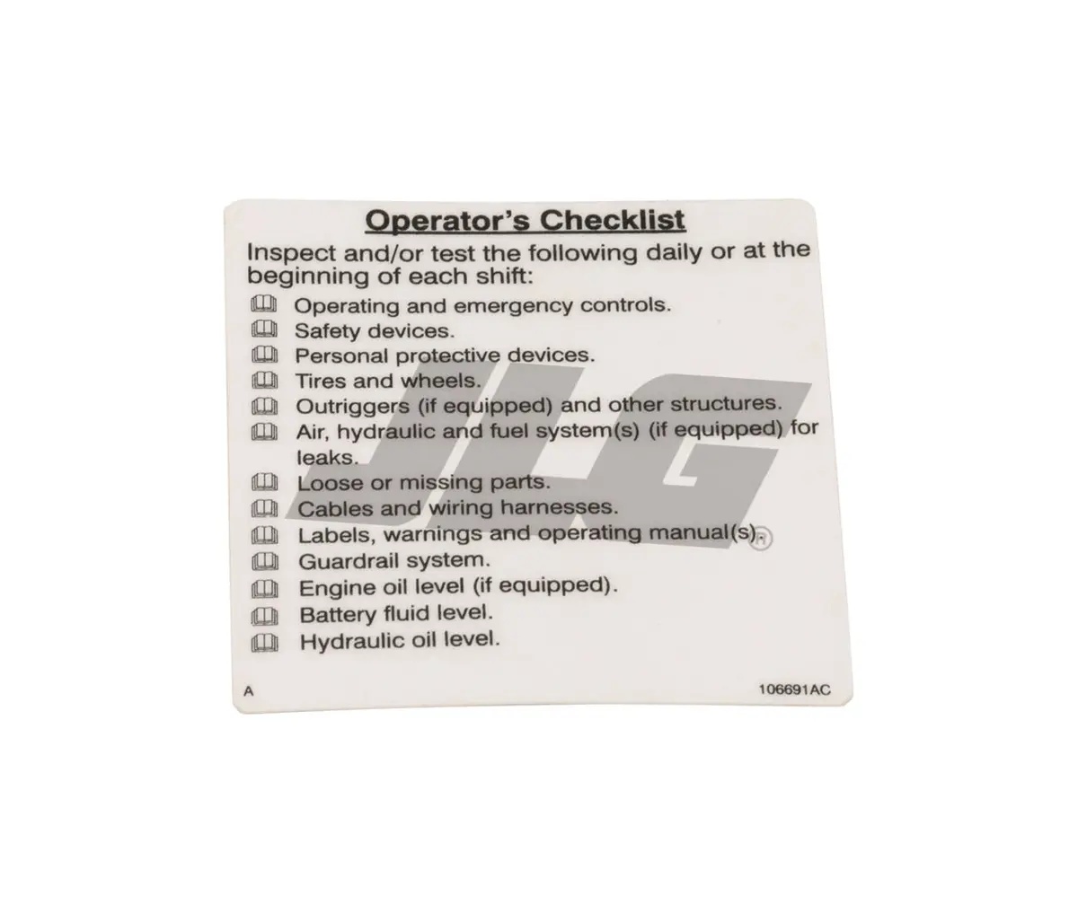 JLG Part # IP-70123 | DECAL CHECKLIST, EA