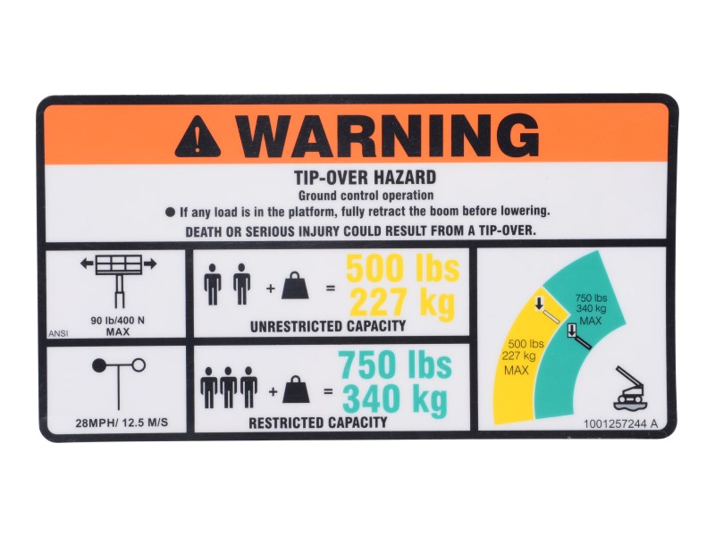 JLG Part # 1001257244 | DECAL,WARNING DUAL CAP.(ANSI), EA