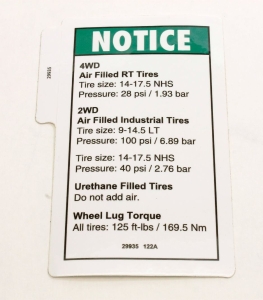 Genie Lift Part # 29935GT - DECAL,NOTICE,TIRE PRESS&TORQUE, EA