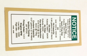 Genie Lift Part # 31055GT - DECAL,NOTICE,KUBOTA GAS SPECS, EA