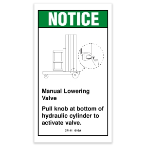 Genie Lift Part # 37141GT - DECAL, NOTICE, MANUAL LOWERING, EA
