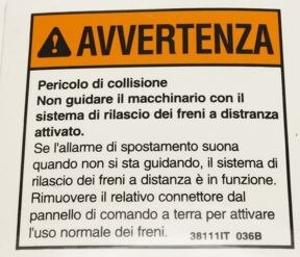 Genie Lift Part # 38111ITGT - DECAL,WARNING,BRAKE RELEASE, EA