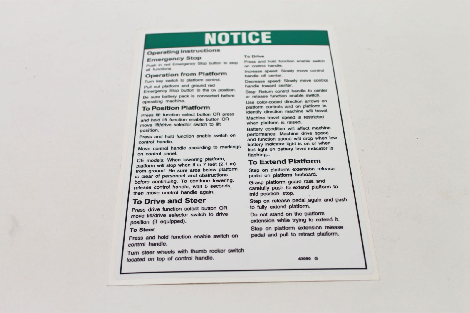 Genie Lift Part # 43090GT - DECAL,NOTICE,OPER INST,PCP, EA