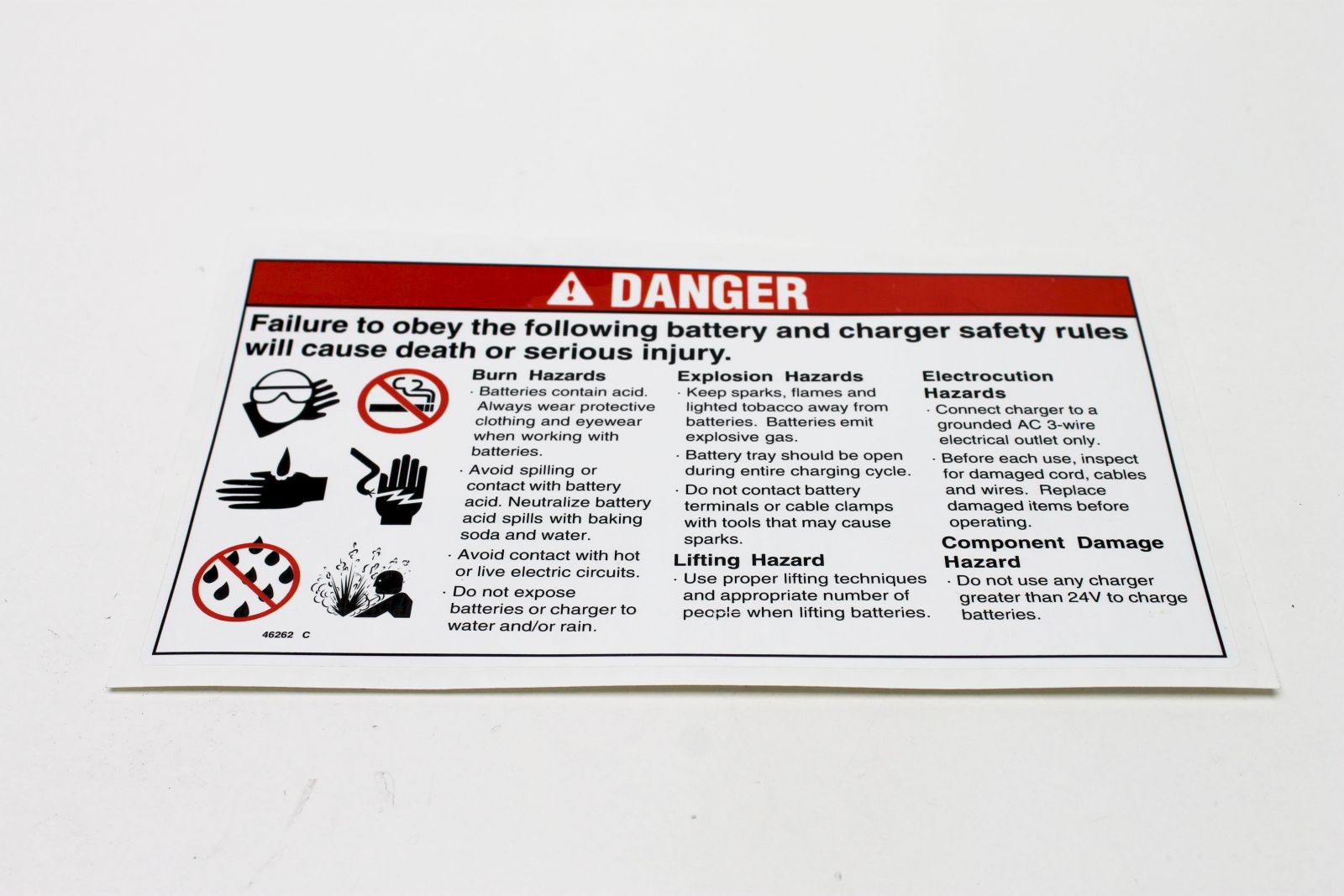Genie Lift Part # 46262GT - DECAL,DANGER,BATTERY SAFETY, EA Genie Lift Part # 46262GT - DECAL,DANGER,BATTERY SAFETY, EA