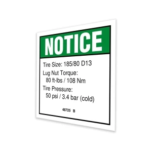 Genie Lift Part # 48725GT - DECAL,NOTICE,TIRE SPECS, EA