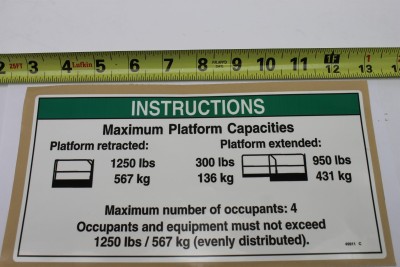 Genie Lift Part # 49911GT - DECAL,NOTICE,MAX CAP 1250, EA