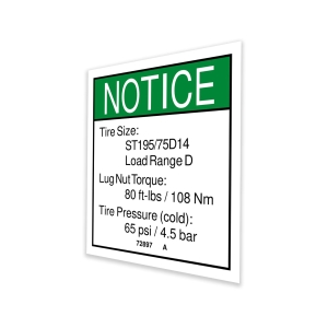 Genie Lift Part # 72897GT - DECAL,NOTICE,TIRE SPECS, EA