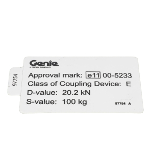 Genie Lift Part # 97754GT - DECAL,LABEL,DRAWBAR CERT,TZ50, EA