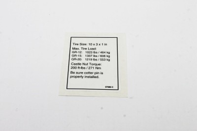 Genie Lift Part # 97886GT - DECAL, LABEL, TIRE SPECS, GR, EA