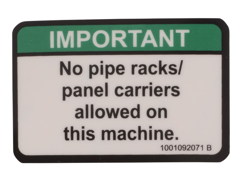 JLG Part # 1001092071 | DECAL,NO PIPE RACKS ALLOWED, EA