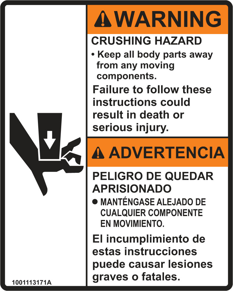 JLG Part # 1001113171 | DECAL,HAND CRUSHING, EA