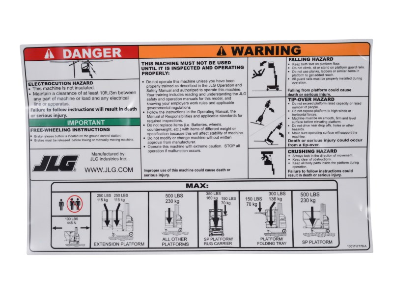 JLG Part # 1001117179 | DECAL,WARNING/INSTRUCTION DOM, EA