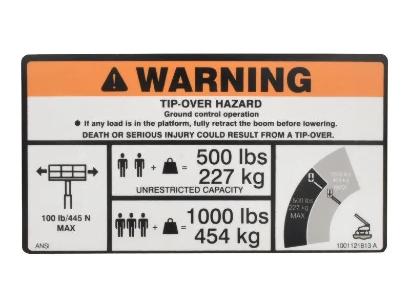 JLG Part # 1001121813 | DECAL,WARNING DUAL CAP. DOM., EA