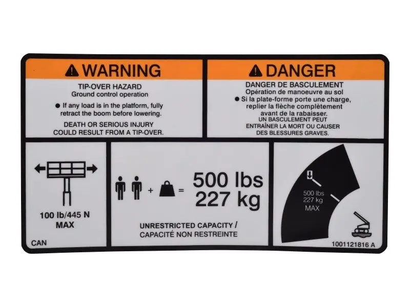 JLG Part # 1001121816 | DECAL,WARNING, MAX CAP.ENG/FRE, EA