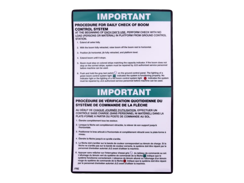 JLG Part # 1001125201 | DECAL,BCS DAILY CHK (ENG,FRE), EA