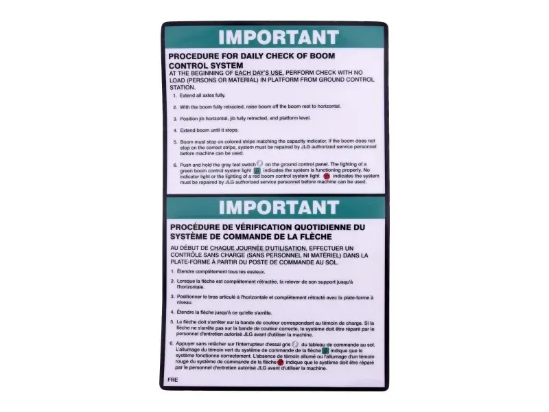 JLG Part # 1001125201 | DECAL,BCS DAILY CHK (ENG,FRE), EA