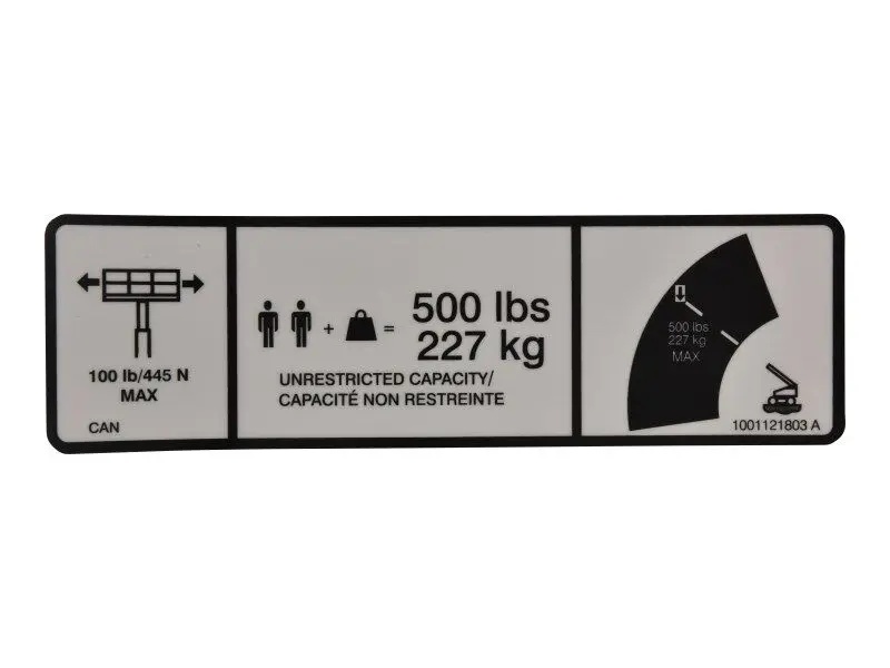 JLG Part # 1001121803 | DECAL,MAX CAP. 500LBS/227KG, EA