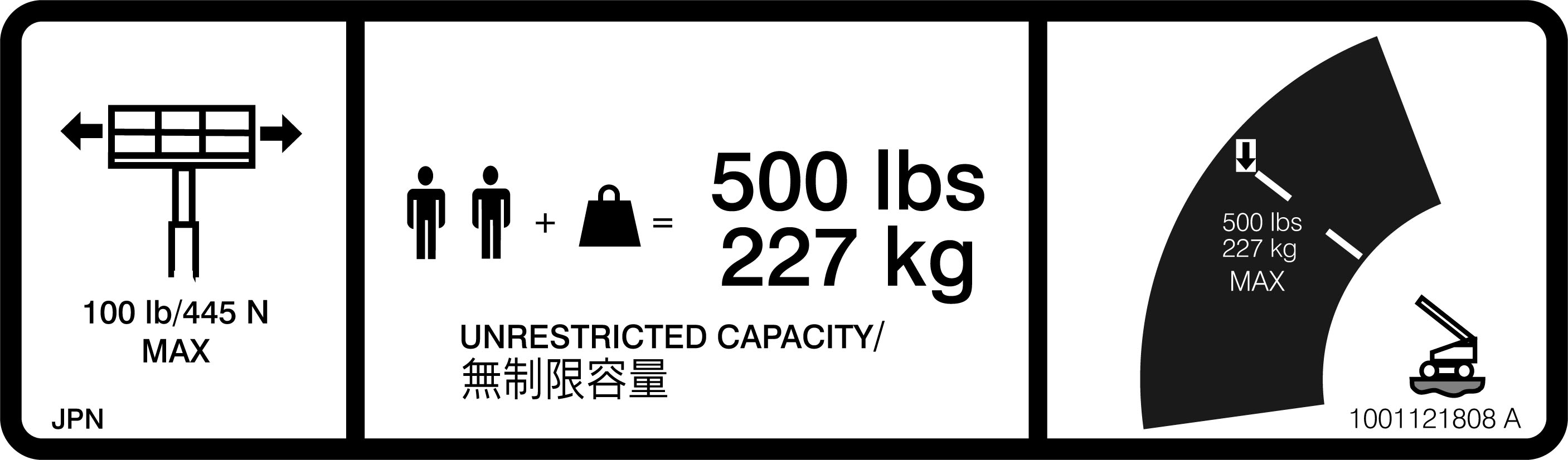 JLG Part # 1001121808 | DECAL,MAX CAP. 500LBS/227KG, EA