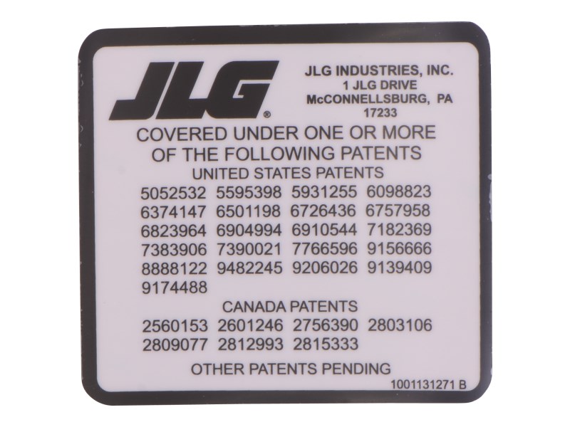 JLG Part # 1001131271 | DECAL,PATENT, TELEHANDLERS, EA