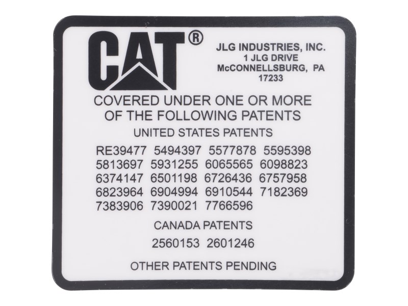 JLG Part # 1001133703 | DECAL,PATENT TELEHANDLERS, EA
