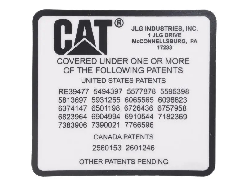 JLG Part # 1001133703 | DECAL,PATENT TELEHANDLERS, EA