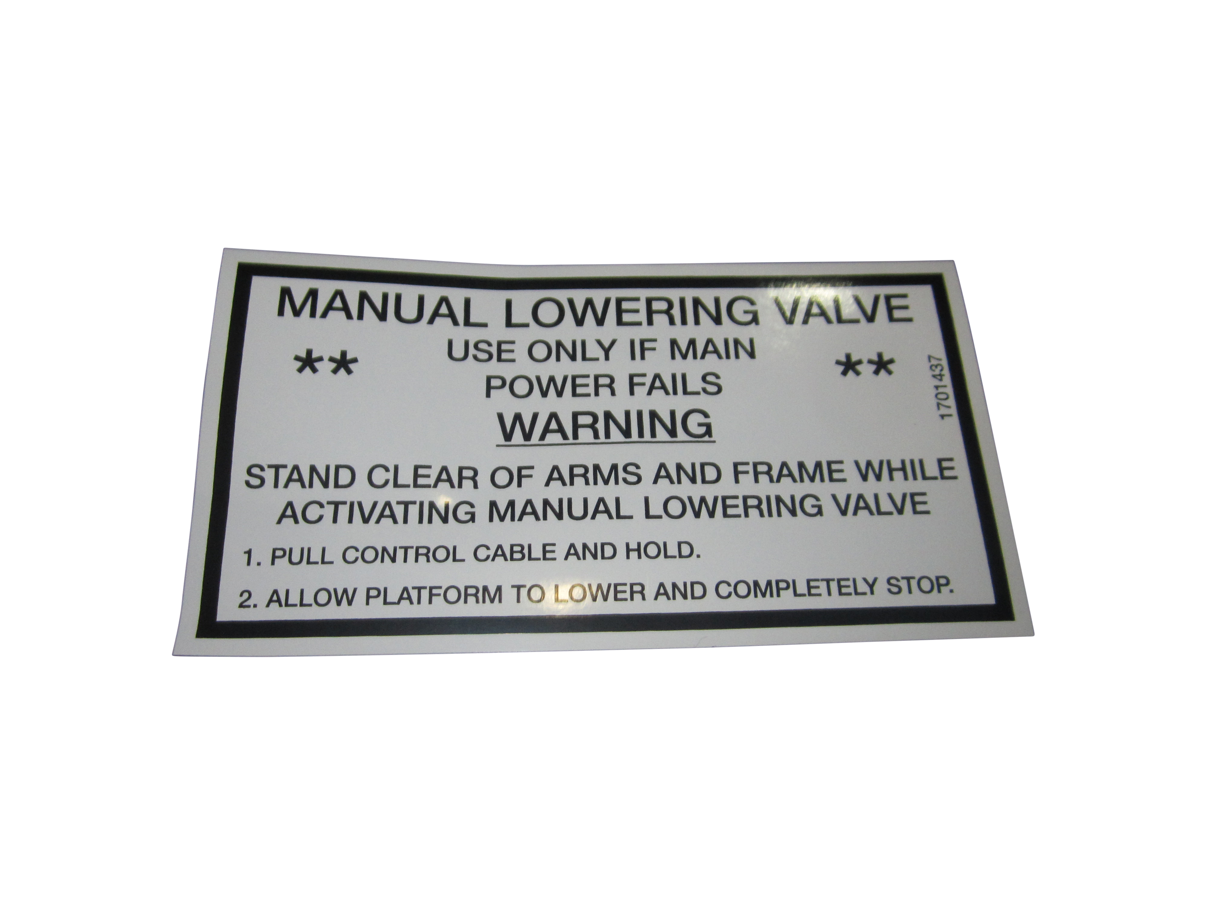 JLG Part # 1701437 | DECAL, MANUAL LOWERING, EA