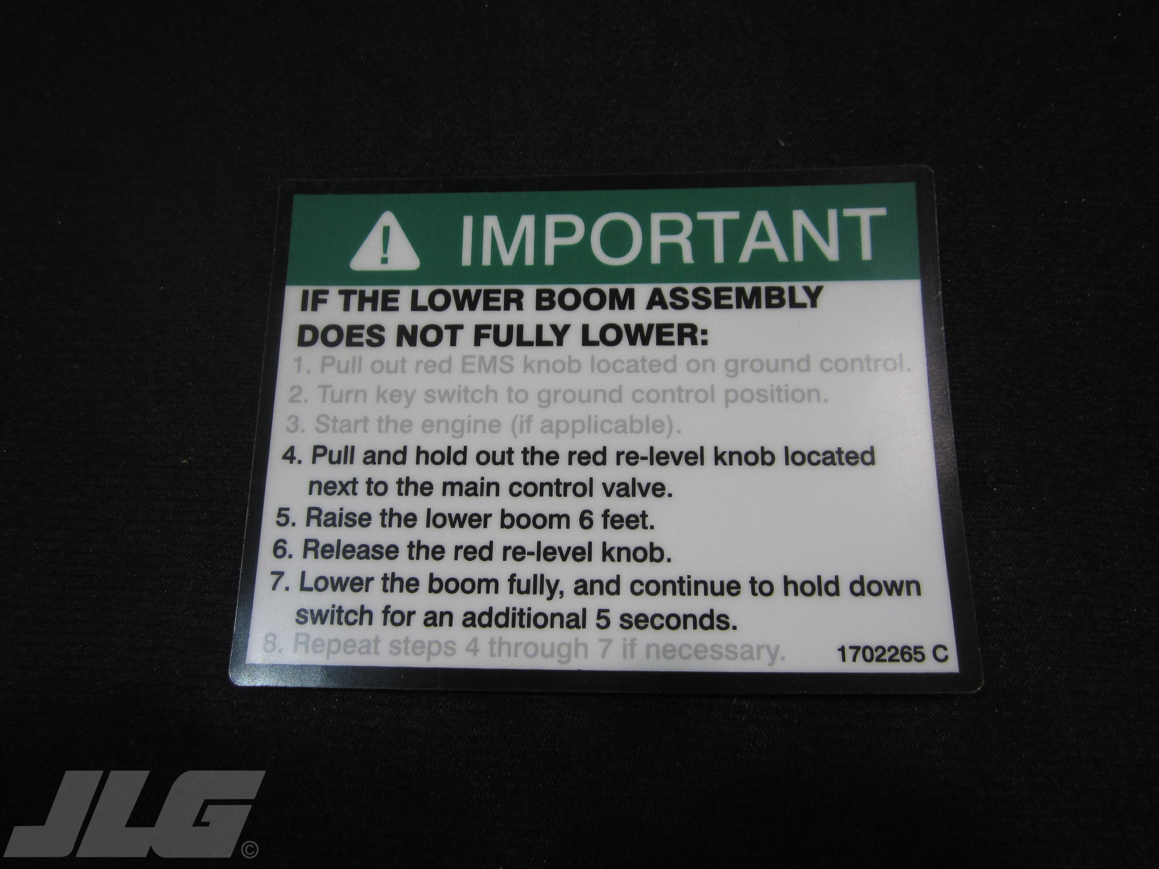 JLG Part # 1702265 - DECAL,IMPORTANT-MANUAL DESCENT, EA