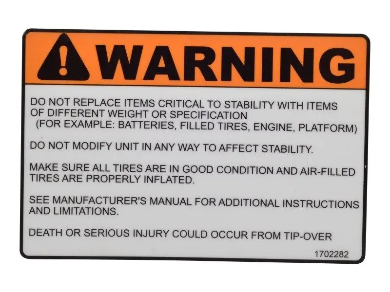 JLG Part # 1702282 | DECAL, (WARNING), EA