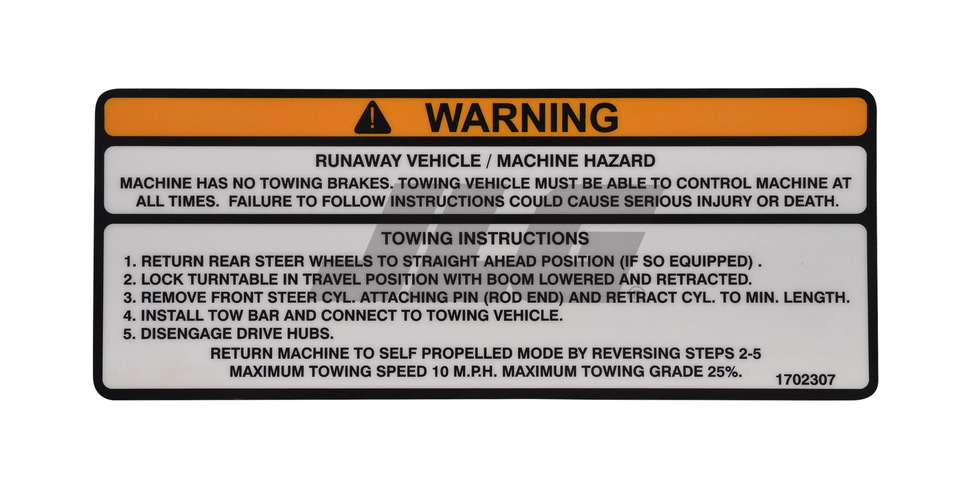 JLG Part # 1702307 | DECAL, (TOW INSTR, 4WD), EA