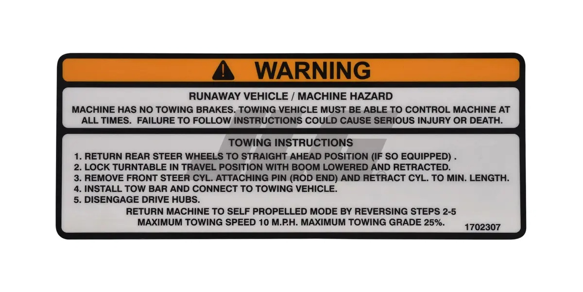 JLG Part # 1702307 | DECAL, (TOW INSTR, 4WD), EA