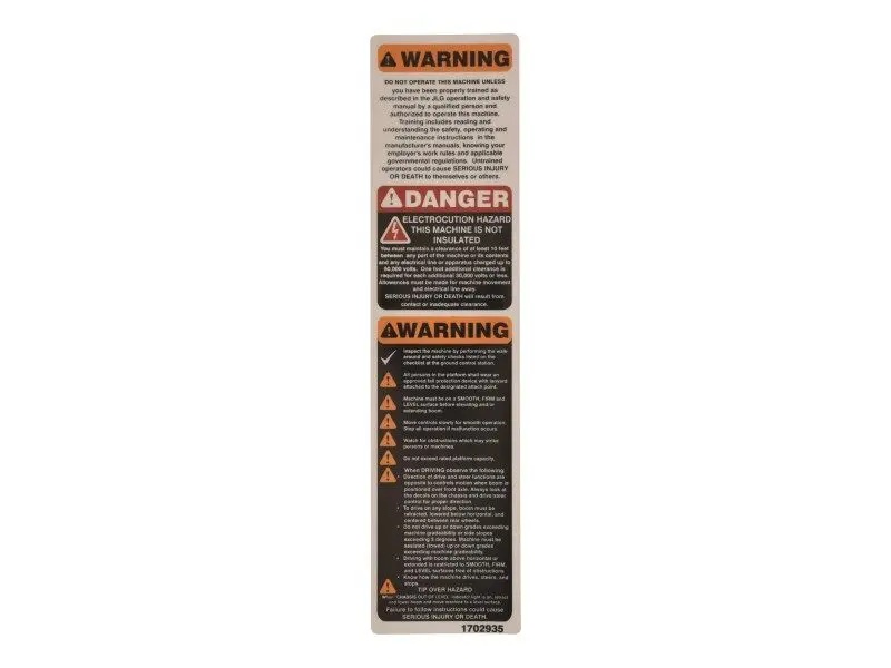 JLG Part # 1702935 | DECAL, WARN/DANGER, EA