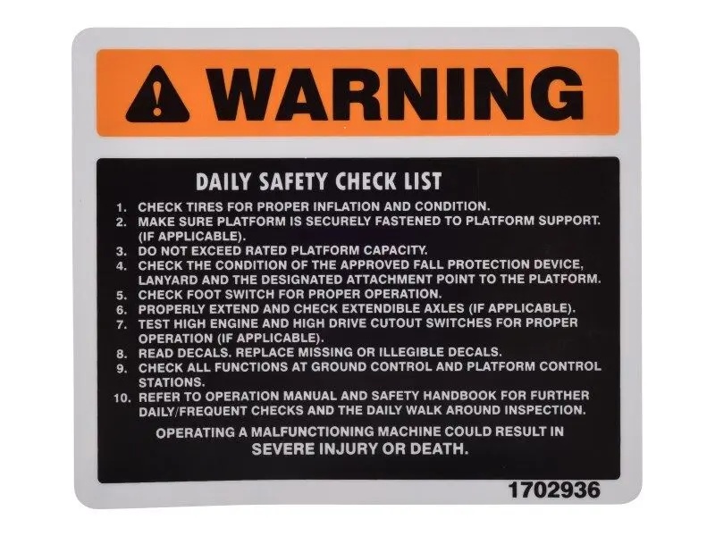 JLG Part # 1702936 | DECAL, WARN, EA