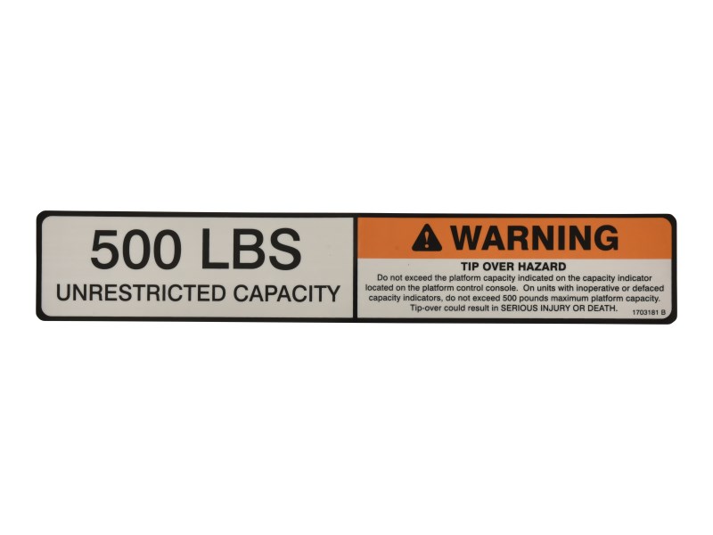 JLG Part # 1703181 | DECAL,WARN/500#CAP, EA