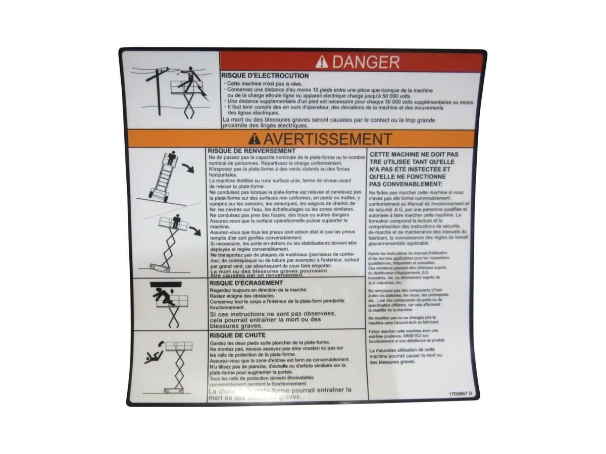 JLG Part # 1703867 | DECAL,DANGER WARNING CSA, EA