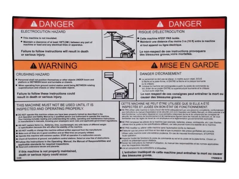 JLG Part # 1703930 | DECAL,WARNING MTB (CAN), EA