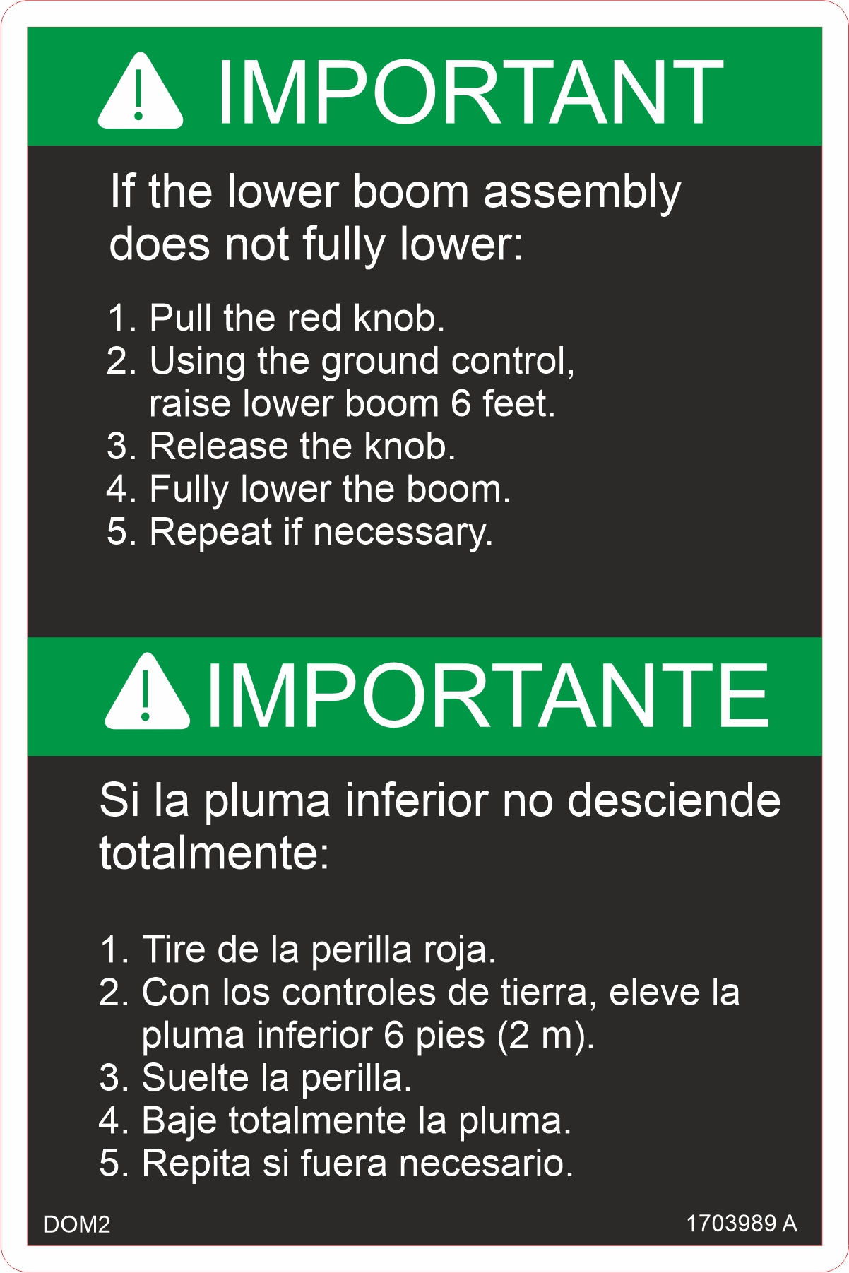 JLG Part # 1703989 | DECAL,UPRIGHT LEVEL O/R (DOM2, EA