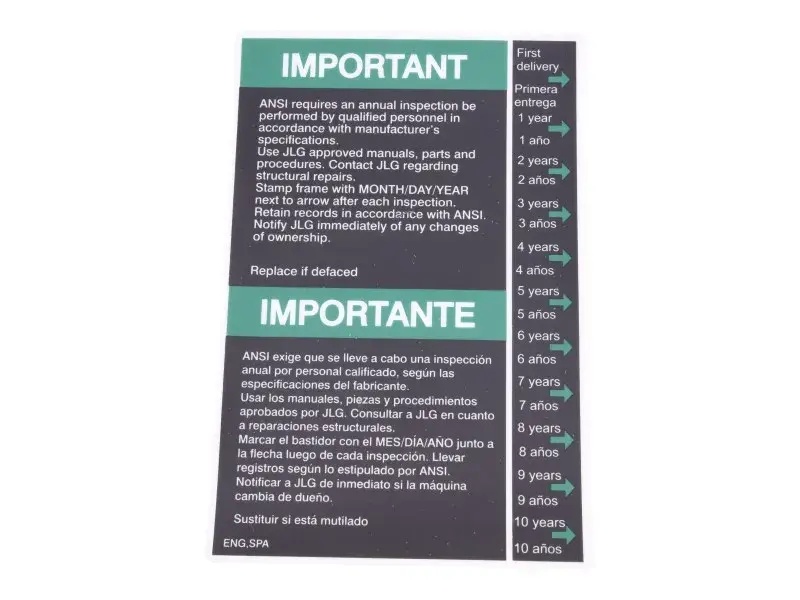 JLG Part # 1704007 | DECAL, INSPECTION (DOM2), EA