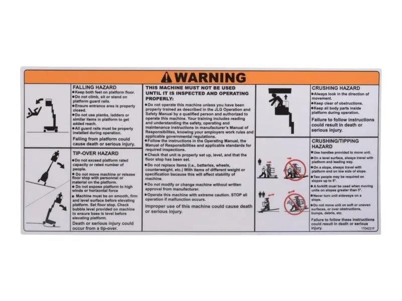 JLG Part # 1704221 | DECAL, WARNING, EA