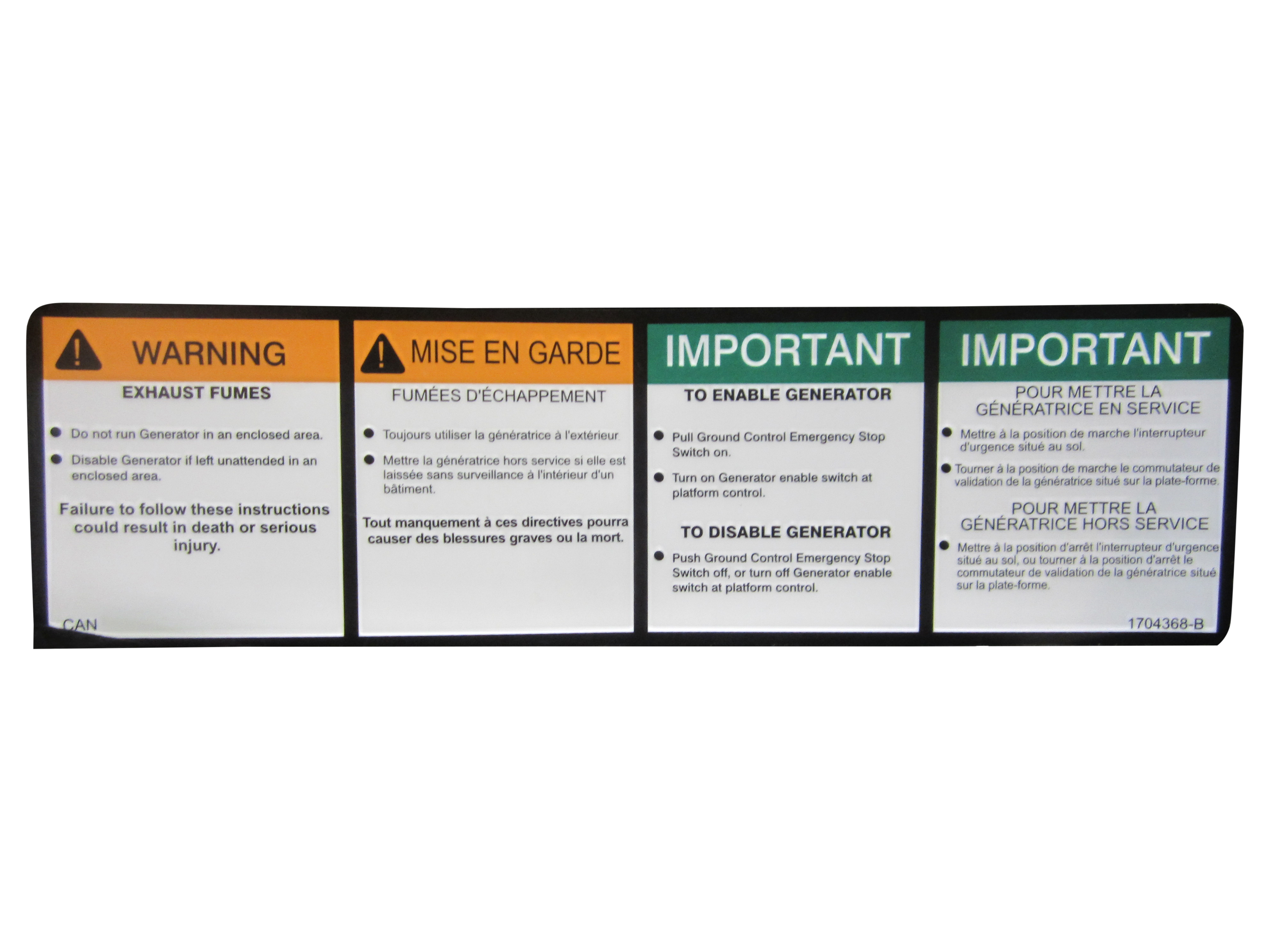 JLG Part # 1704368 | DECAL, GEN WARNING (ENG,FRE), EA