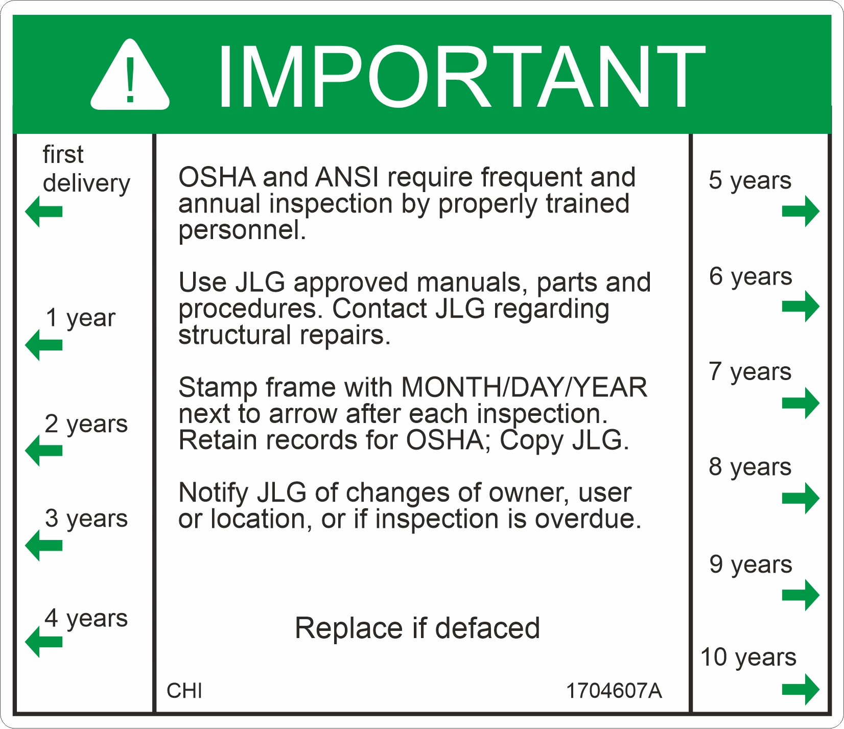 JLG Part # 1704607 | DECAL,INSPECTION (CHI), EA