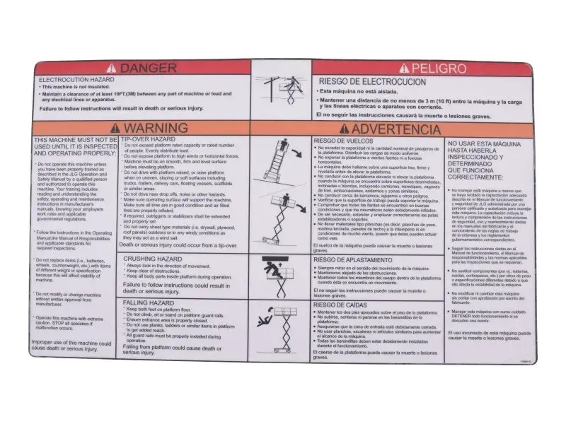 JLG Part # 1704691 | DECAL,DANGER/WARNING(ENG,SPA), EA