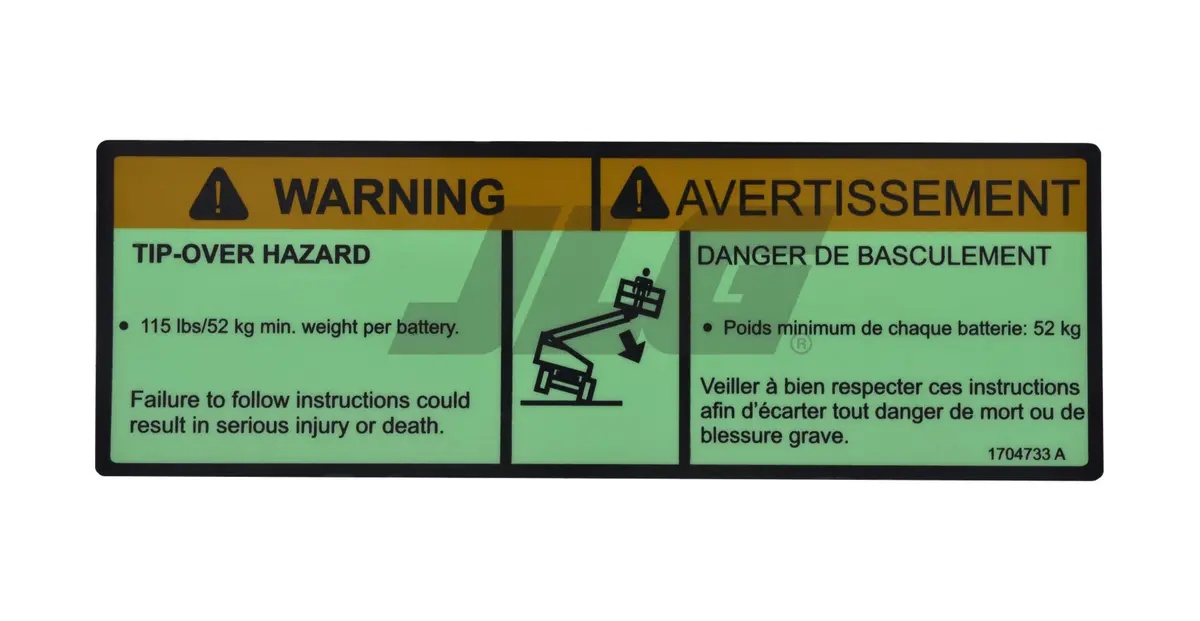 JLG Part # 1704733 | DECAL,TIP-OVER HAZARD(ENG,FRE), EA