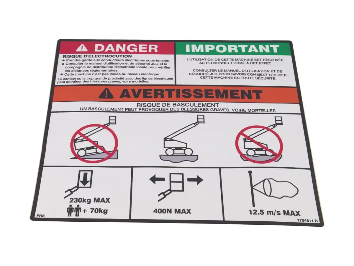 JLG Part # 1704811 | DECAL,DANG/WARN PLATF (FRE), EA